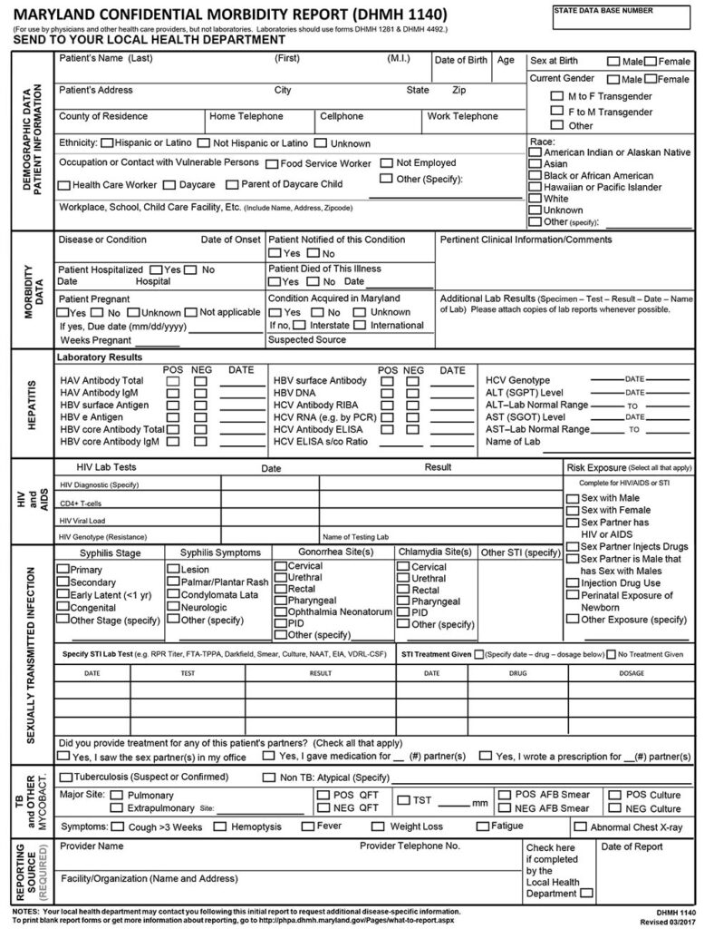 Maryland Morbidity Report Form Charles County Department of Health